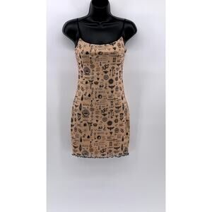 PRINCESS POLLY Women's Black-Beige Printed Scoop-Neck Spaghetti Strap Dress SZ 4